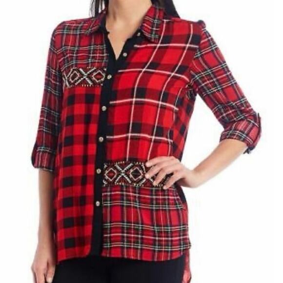 Calessa Red Patchwork Plaid Embroidered Button Front Top Medium Artsy Holiday - Picture 1 of 10